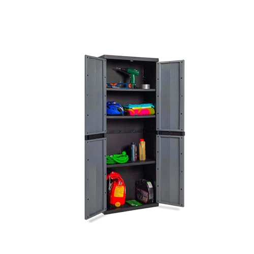 Mobile con 2 Ante e 3 Ripiani Regolabili - Armadio Tuttopiani 20 kg Max per Ripiano in Polipropilene Riciclato 65x37x165cm e alto grigio nero