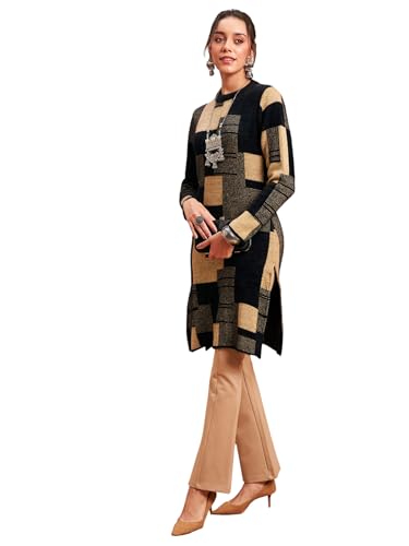 Image of Women's Woolen Winter Kurta | Ethnic Motifs Self Design Long Sleeve Straight Wool Kurti with Round Neck
