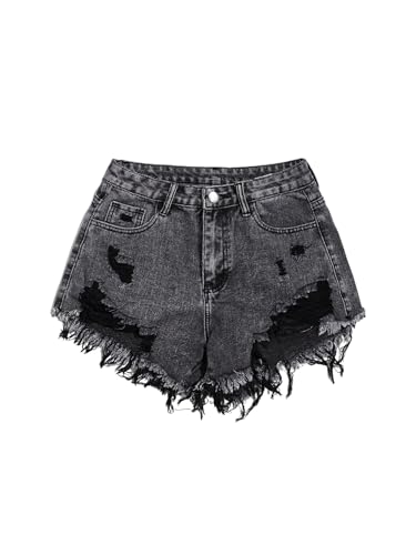 SOLY HUX Women's Ripped Raw Hem Jean Shorts High Waisted Straight Leg Denim Shorts Streetwear Solid Black Medium