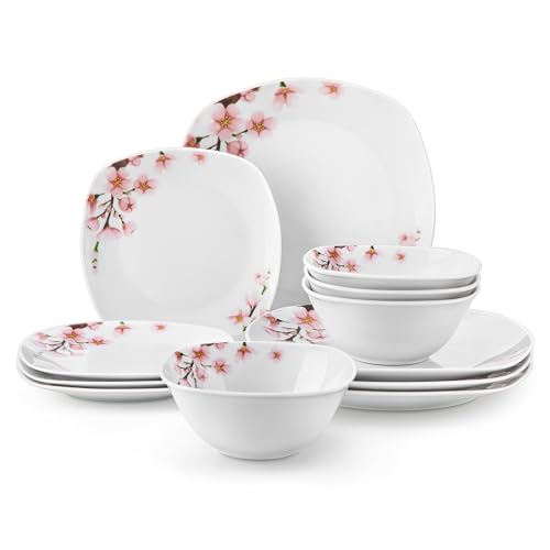 Juego De Vajilla Juego de vajilla porcelana con platos 12/24 piezas y diseño floral rosa, juego cena/postre/cuenco 4/8 for personas(24 Piece)