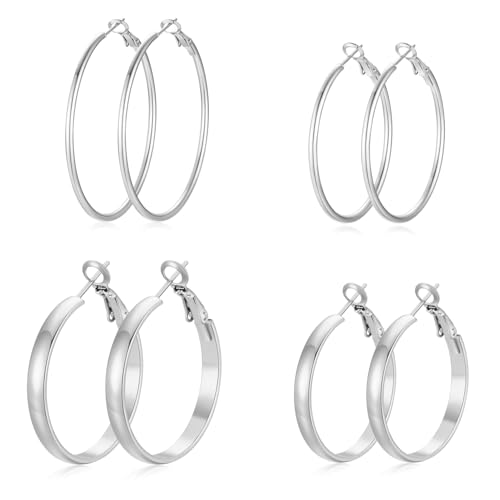 Image of 4 Pairs Silver Gold Hoop Earrings for Women | 14K Gold Plated Hoop Earrings Set Hypoallergenic Earring Lightweight Dangle Earrings Set