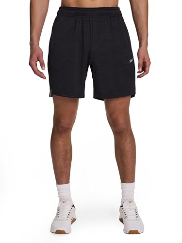 Image of Reebok Men’s Distance 7” Short, Standard Fit, Lightweight Poly Grid Mesh Fabric, Black Heather, Medium
