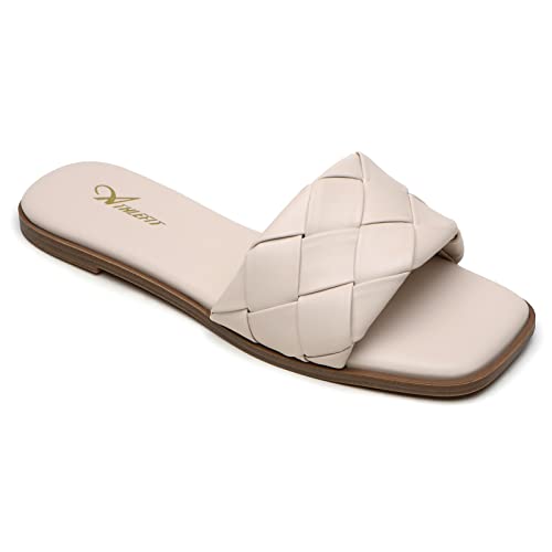 Athlefit Women's Braided Flat Sandals Square Open Toe Woven Slip On Slide Sandals Beige Size 8 #TOP3