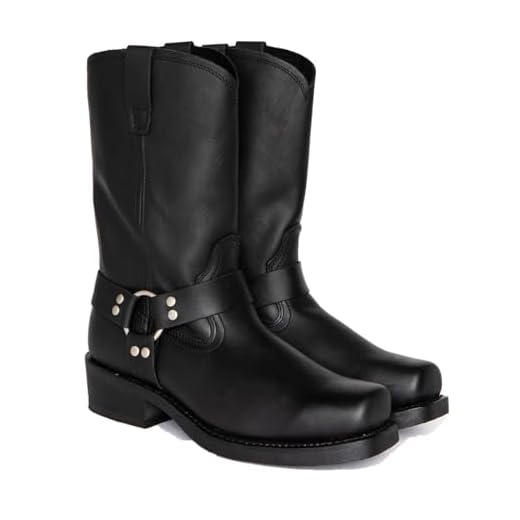 ENWIND Hommes PU Cuir Équitation Moto Bottes Chevalier Bottes Mi-Mollet Bout Carré Western Cowboy Biker Bottes,Noir,43 EU