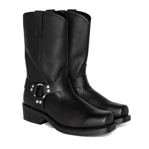 ENWIND Hommes PU Cuir Équitation Moto Bottes Mi-Mollet Bout Carré Western Cowboy Biker, Noir, 43 EU