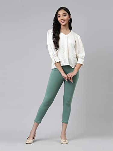 Image of GO COLORS Girls Solid Mid Rise Slim Fit Cropped Leggings