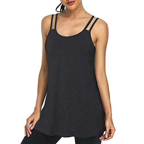 Cestyle Spaghetti Strap Cami Tank Top Built In Padded Shelf Bra,Womens Summer Strappy Camisoles Long Tunic Length T-Shirts To Wear With Leggings Trendy Sleeveless Dressy Casual Flowy Yoga Exercise #TOP3