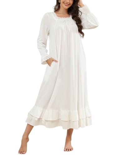 Rubehoow Viktorianisches Nachthemd für Damen, Vintage-Stil, langärmelig, Pyjama, Kleid, weiche Baumwolle, Lounge-Kleid, Nachtwäsche, S-3XL, weiß,...