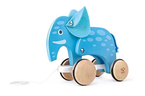 Image of Hape: Pull Along - Elephant - Blue - Wooden Animal Toy, Rubber Rimmed Wheels, Encourages Walking, Push & String Pull, Kids, Baby & Toddler, Age 12 mo+