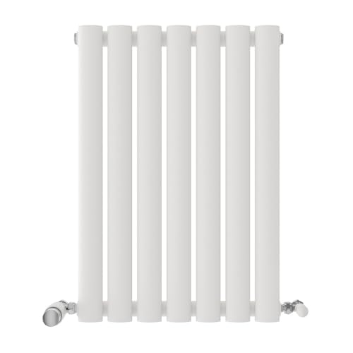Image of iBathUK Strata Wall-Mounted Horizontal Single Oval Panel Radiator, 7 Column Steel High Thermal Output Hydronic Central Heating, Designer Modern Radiator in Matt White, 600 × 413mm