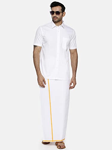 Image of RAMRAJ COTTON Men White Half Sleeve Shirt Crafted For Comfort| Durability| And Timeless Everyday Style