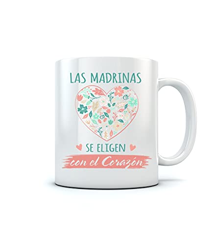 Tazas Bonitas con Frases y Dibujo - Taza De Desayuno para Familia - Taza Madrina Original - Las Madrina se Eligen con el Corazón 350ml Blanco