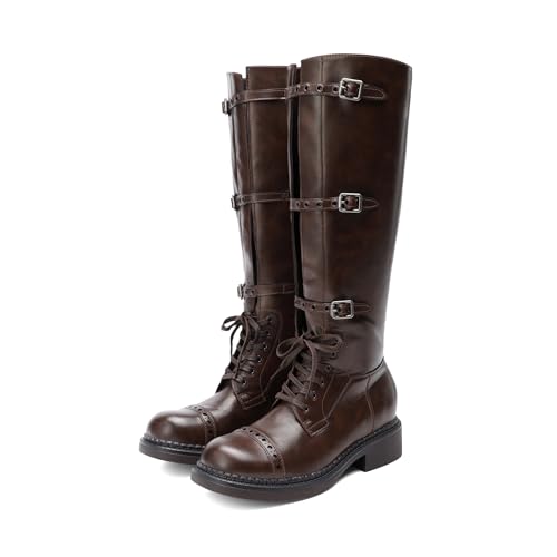 DREAM PAIRS Women's Knee High Boots Combat Boots Goth Boot Lace Up Adjustable Buckles Chunky Low Heel Fall Booties with Side Zipper to Put on and off