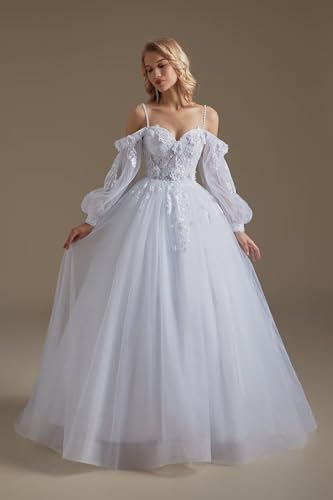 SoDigne Wedding Dresses for Bride 2025 Lace Applique Long Sleeve Tulle Summer Bridal Gowns for Women4