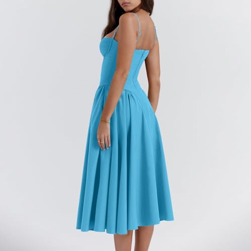 Womens Corset Dress Boho Summer Spaghetti Straps Midi Dress Low Cut Flowy Pleated Bustier Sundress2