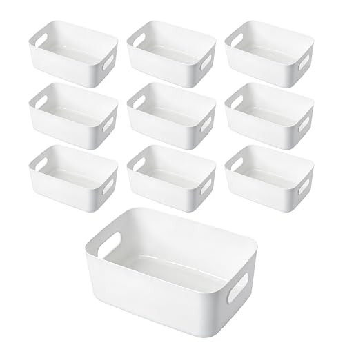 Yawfold 10 Stück Aufbewahrungsbox, 24 x 17 x 10 cm Kunststoff Aufbewahrungskorb mit, Multifunctional Ordnungsboxen Aufbewahrung Plastikbox für Küche, Boxen Badezimmer, Büro körbe für regal, Mittel