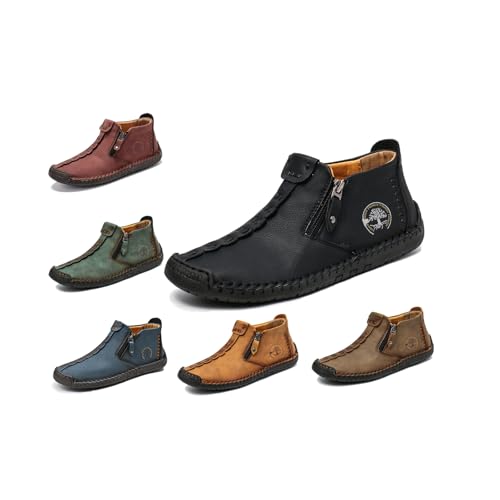 Mens Loafers Slip On Casual Shoes Leather Flat Penny Loafers Outdoor Lightweight Breathable Walking Driving Shoes Comfort Classic Hand Stitching Anti Slip Round Toe Shoes