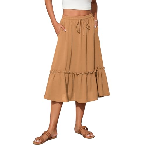 Image of Witsmile Summer Skirts Midi Length Flowy Pleated Tiered Skirts for Women 2025 Fashion Trendy(Moka,XL)