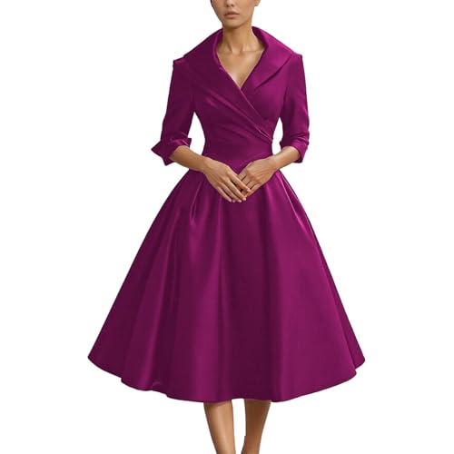 Vestido de cóctel vintage para mujer en estilo años 50 - Elegante vestido acampanado con cuello de chal | Vestido festivo para ocasiones especiales, Style_u03 Purple, XL