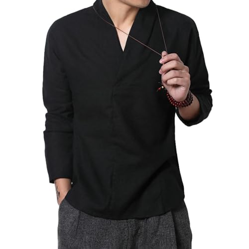 Chemise à manches longues style chinois en coton et lin ample pour homme