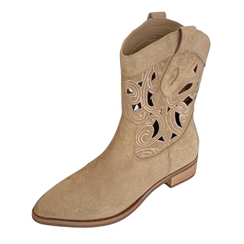Cowboy Boots for Women Low Block Heel Western Embroidered Hollow