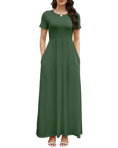 Image of COSSEN Women's Crew Neck Short Sleeve Maxi Dress with Pockets Casual Loose Swing for Wedding Guest Beach Vacation