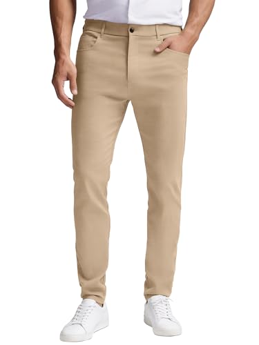 PLEPAN Men's Slim Fit Stretch Dress Pants Casual Khaki Pants Tapered Slacks Trousers with Elastic Waistband Khaki M