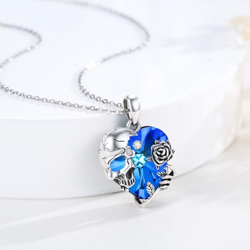 Image of S925 Sterling Silver Skull Pendant Necklace Heart Crystal Birthstone Skull Necklace Gothic Jewlery Gifts