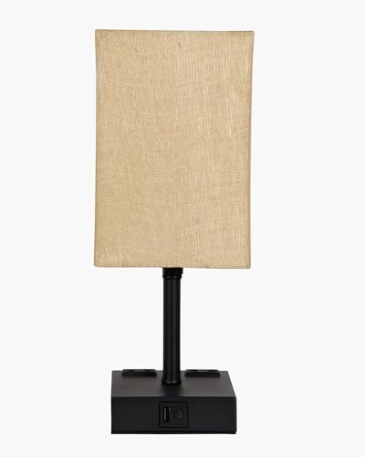 Image of Homesake Touch Table Lamp with USB A + Type C Charging Ports Dual AC Outlets, Touch Control, Medium Size, Bulb Included Night Stand, Bedside Desk Light Bedroom Living Room Office, (Jute Rectangle)