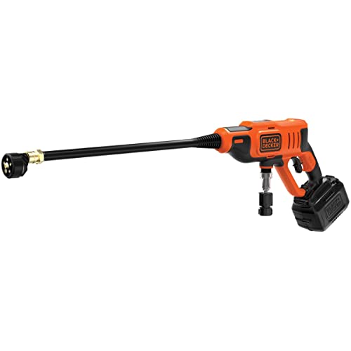 BLACK+DECKER Hidrolimpiadora 18V, batería 2Ah, presión de 24 bares, tubo extraíble 57 cm, incluye manguera 6m, adaptador, varilla larga, boquilla 5en1, batería 2Ah y cargador, BCPC18D1-QW