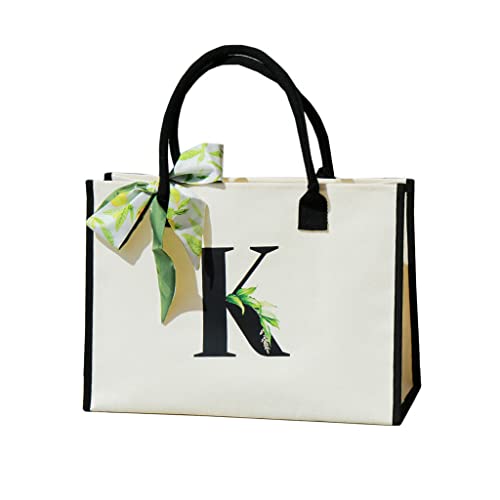 Personalized Initial Canvas Tote Bag Monogrammed,Beach Bag,Gift for Women, Mom, Teachers, Friends, Bridesmaids