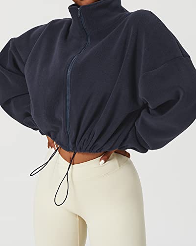 Qinsen Women's Full Zip Fleece Jacket Stand Collar Winter Warm Cropped Outwear Baggy Sherpa Short Coat Navy S #TOP5