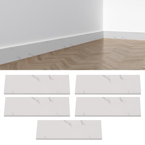 5 piezas de rodapié, rodapiés reforzados, rodapié de suelo, 45 x 12 cm revestimiento de suelo autoadhesivo para paredes, repelente al agua y a la suciedad, longitud total 2,25 m (mármol blanco)