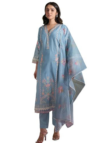 Image of INDO ERA Women's Silk Blend Floral Embroidered Straight Kurta & Pant with Dupatta Set (IEOUT11646)