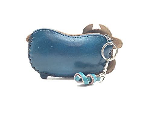 Handmade Vintage Genuine Leather 3D Animal Cow Money Coin Purse with wrist strap; Removable strap (Blue)2
