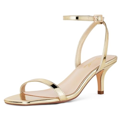 GENSHUO Women's Kitten Low Heels Square Open Toe Ankle Strap Sandals Sexy Strappy 2 Inch High Heels for Women Comfort Dress Party Wedding Shoes Gold Size 8