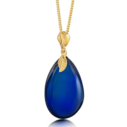 Blue Amber Pendant Necklace for Women, Gold Plated Sterling Silver Chain, Dark Blue Gemstone Drop Pendant, Dainty Ladies Jewelry