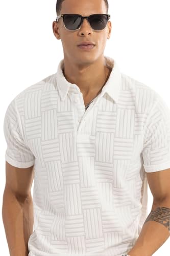 Image of SNITCH Men T-Shirts | Textured Self-Design Slim Fit Polo T-Shirt | 100% Polyester, Buttoned Closure, Half Sleeve, Casual Wear, Street Wear, College Wear