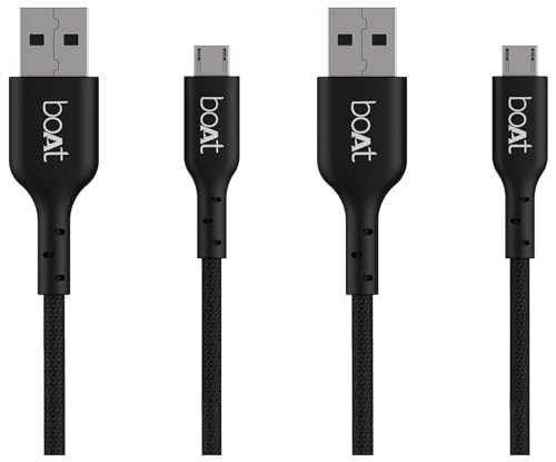 Image of boAt Micro USB 150 Tangle-free, Sturdy Micro USB Cable with 3A Fast Charging & 480mbps Data Transmission, 10000+ Bends Lifespan & Extended 1.5m Length Black) (Pack of 2)
