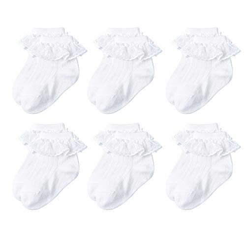 6 Pairs Baby Girls Socks Infant Newborn Lace Knit Cotton Princess Socks for Toddler Kids Ruffles Socks 12-24 Month White