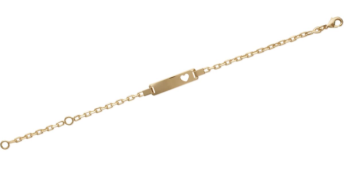 Tata Gisèle Pulsera infantil chapada en oro de 18 quilates, placa para grabar con corazón calado, 14/16 cm, grabado incluido, 16 cm, oro