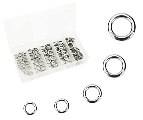 Milepetus Lot de 100 anneaux solides en acier inoxydable pour leurres de pêche, 5 tailles, 5 tailles Cover