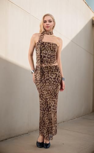 Y2k Two Piece Sets for Women Leopard Print Tube Top Sexy Cheetah Print Skirt Streetwear Outfits3