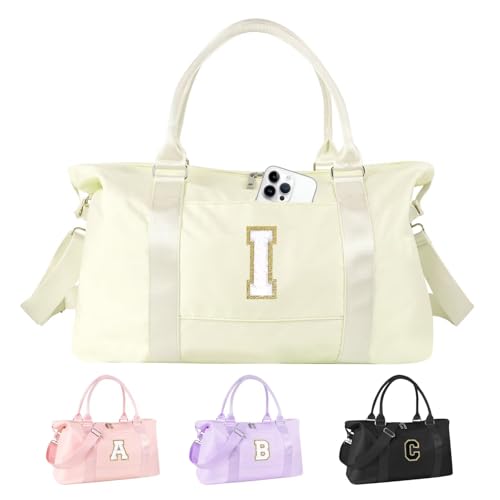 Dance Gym Duffel Bag for Teen Girls Personalized Initial Travel Weekender Bag Overnight Carry On Duffle for Women Sports Travel Cheer Bag Monogram Graduation Birthday Gifts for Tween Preppy(beige-I)