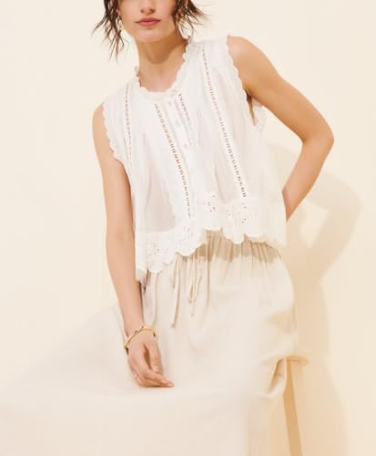 Women Boho Lace Trim Tank top Sleeveless Button Down Front Tie Lace Babydoll Tops Flowy Crop Top Beach Vacation Tops2