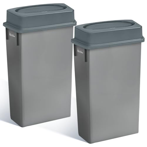 Image of PLASTIC PRINCE 23 Gallon Slim Trash Can with Swing Lid Commercial Gray Rectangular Garbage Can with Drop Shot Lid Waste Bin with Double Flip Top for Restaurant Home Kitchen Office 2 Pack