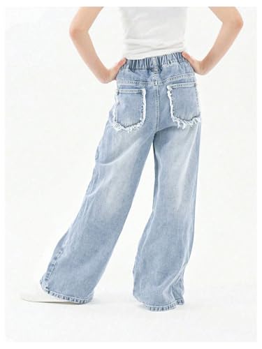 WDIRARA Girl's Elastic Waist Ripped Jeans Distressed Wide Leg Denim Pants2