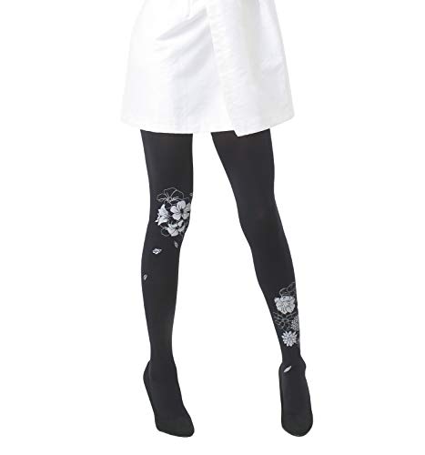 Unipop Legwear Patterned Fashion Tights For Women  Printed 80D Semi Opaque Pantyhose (Flowers, Black)