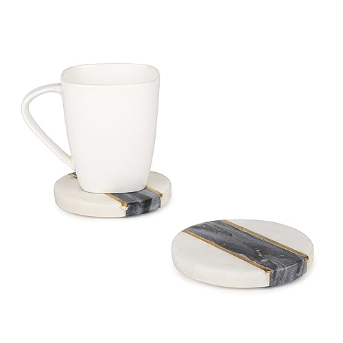 Marble Coasters Set of 4 with Holder, Thick Brass Inlay, Dining Table Coasters for Hot Pots Tea & Coffee Mugs Table Coasters Decorative Items for Home Decor