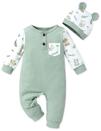 Image of Crazyme Baby Boy Clothes Long Sleeve Animal Printed Snap Romper with Pocket Baby Boy Outfits 0-9 Months